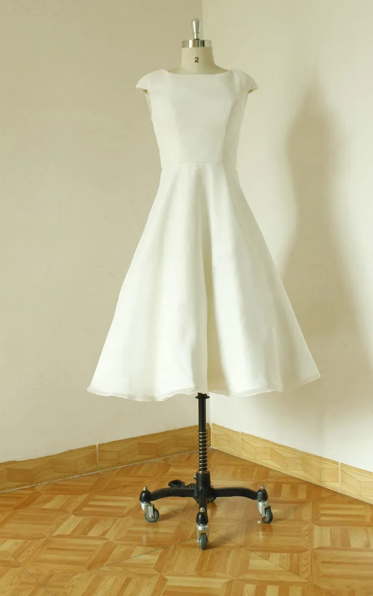 Jewel Cap Sleeve Zipper Back Tea-Length Satin Wedding Dress-711072