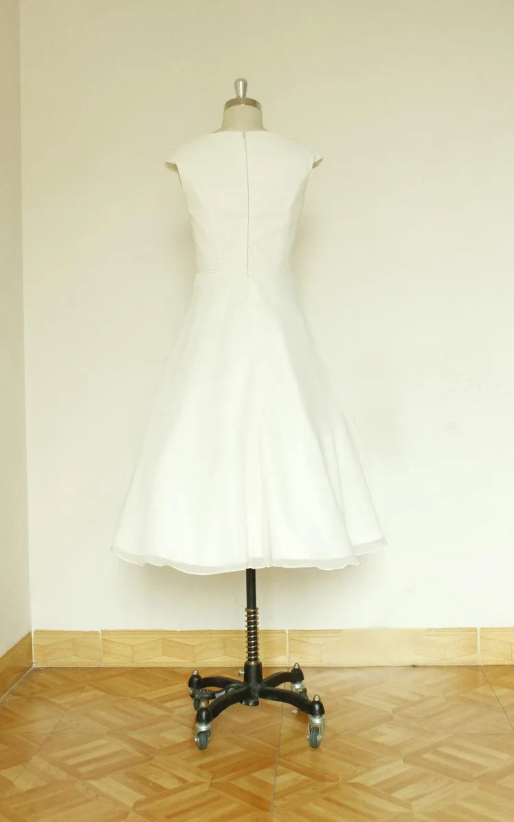 Jewel Cap Sleeve Zipper Back Tea-Length Satin Wedding Dress-711072