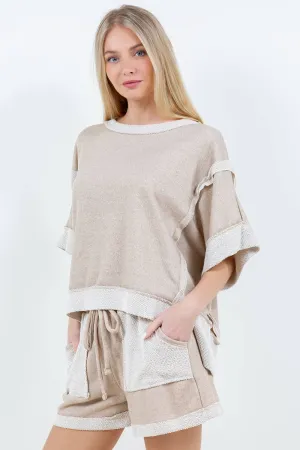 J.HER OVERSIZE REVERSE CONTRAST BANDED TOP TAUPE