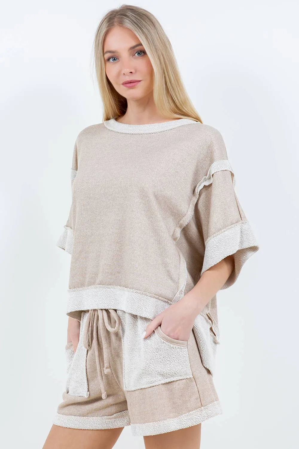 J.HER OVERSIZE REVERSE CONTRAST BANDED TOP TAUPE