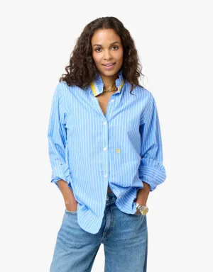 Kerri Rosenthal Mia Stripe Ruffle Shirt in Mid Blue