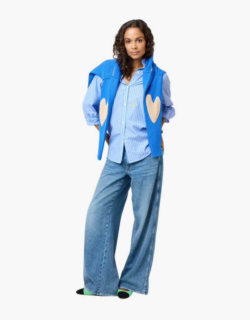 Kerri Rosenthal Mia Stripe Ruffle Shirt in Mid Blue