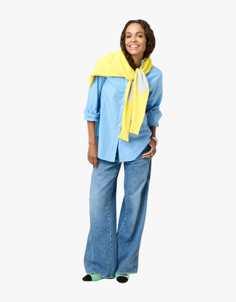 Kerri Rosenthal Mia Stripe Ruffle Shirt in Mid Blue
