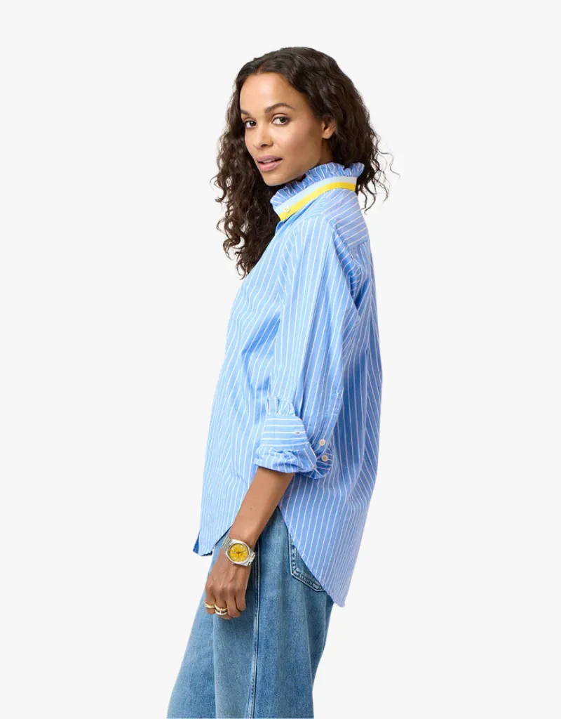 Kerri Rosenthal Mia Stripe Ruffle Shirt in Mid Blue
