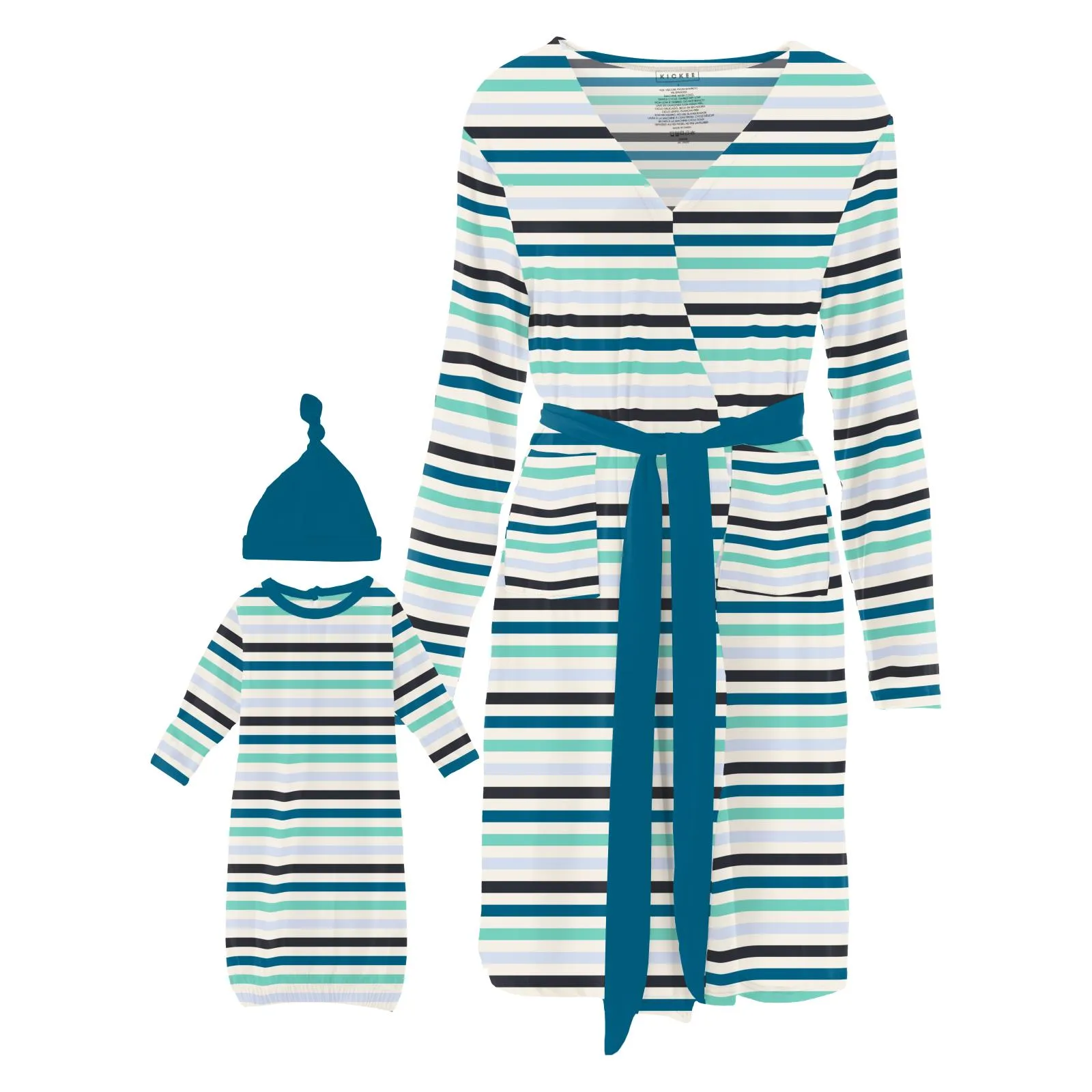 Kickee Pants Little Boy Blue Stripe Print Women's Mid Length Lounge Robe & Layette Gown Set