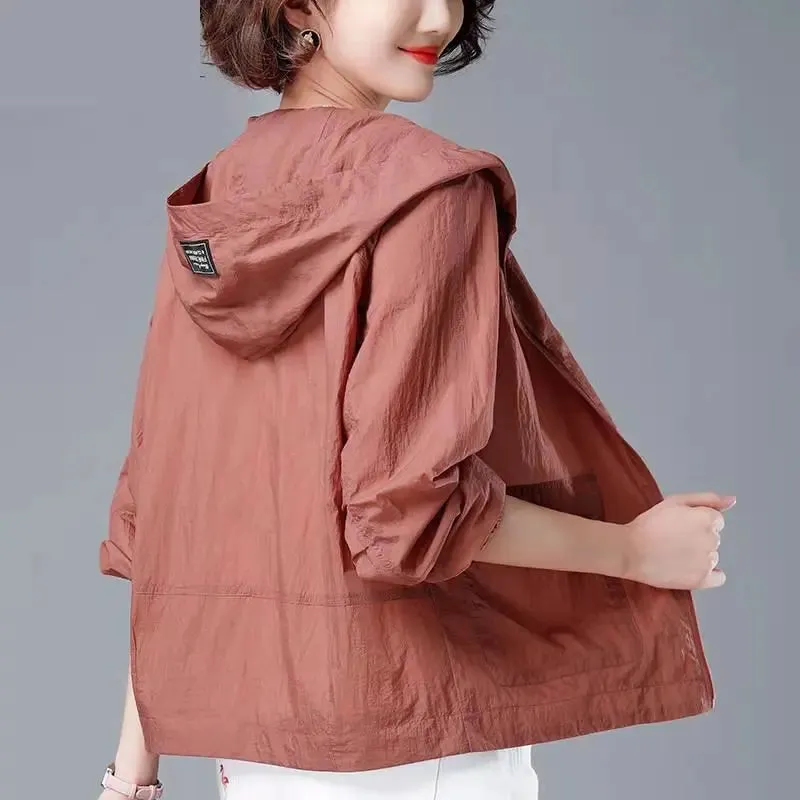 Korean Fashion Solid Color Women's Spring Jacket All-Match Jackets Hooded Thin Sunscreen Coat