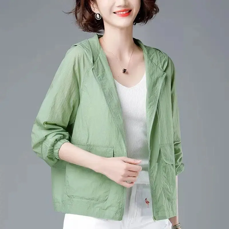 Korean Fashion Solid Color Women's Spring Jacket All-Match Jackets Hooded Thin Sunscreen Coat