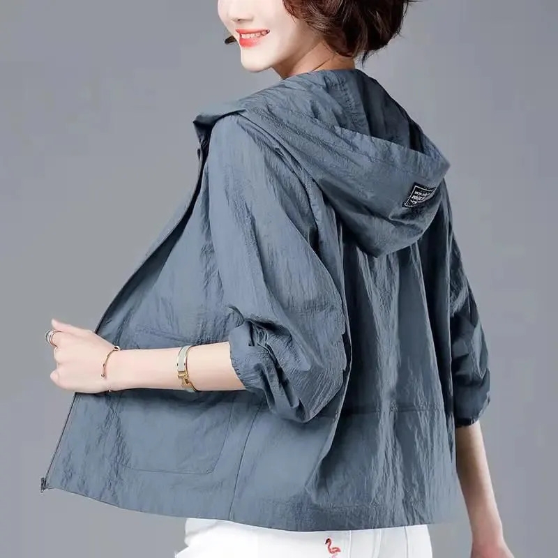 Korean Fashion Solid Color Women's Spring Jacket All-Match Jackets Hooded Thin Sunscreen Coat