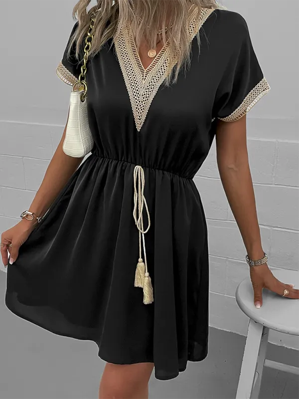 Lace Panel V-Neck Dress with Tassel Drawstring and Elastic Waist