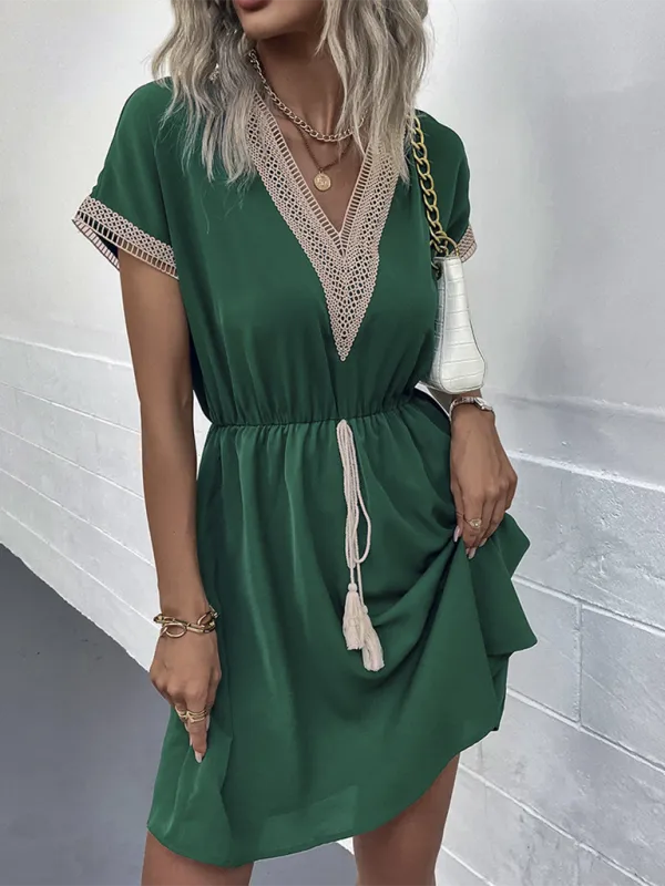 Lace Panel V-Neck Dress with Tassel Drawstring and Elastic Waist