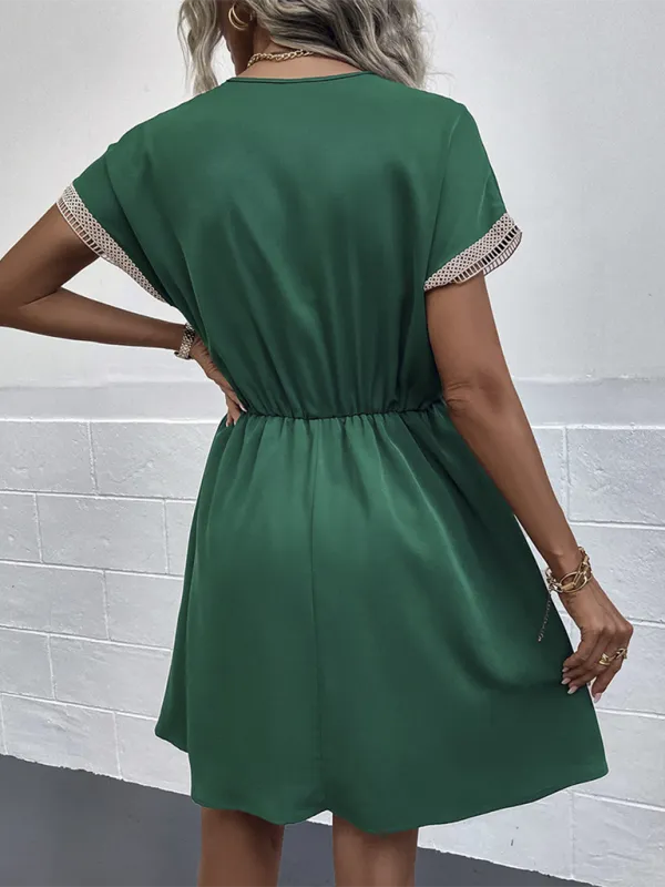Lace Panel V-Neck Dress with Tassel Drawstring and Elastic Waist