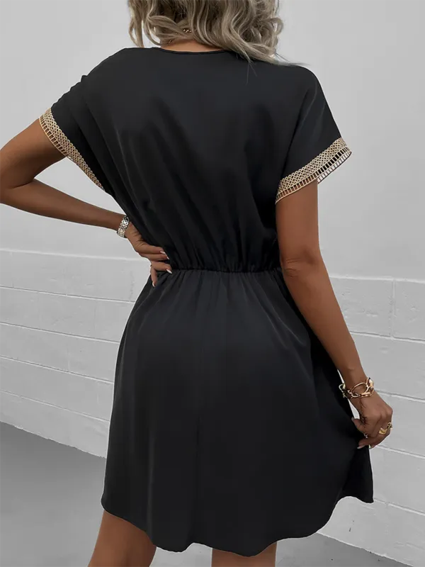 Lace Panel V-Neck Dress with Tassel Drawstring and Elastic Waist