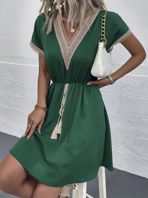 Lace Panel V-Neck Dress with Tassel Drawstring and Elastic Waist