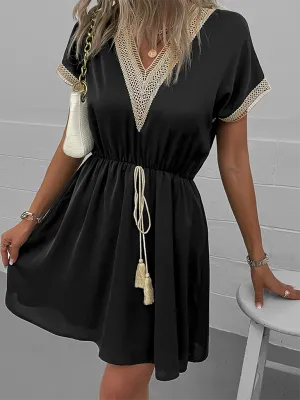 Lace Panel V-Neck Dress with Tassel Drawstring and Elastic Waist