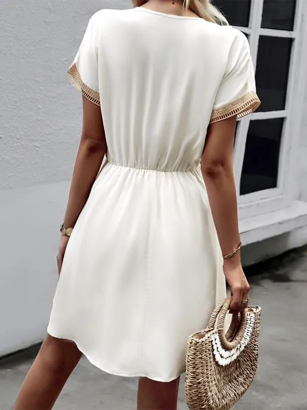 Lace Panel V-Neck Dress with Tassel Drawstring and Elastic Waist