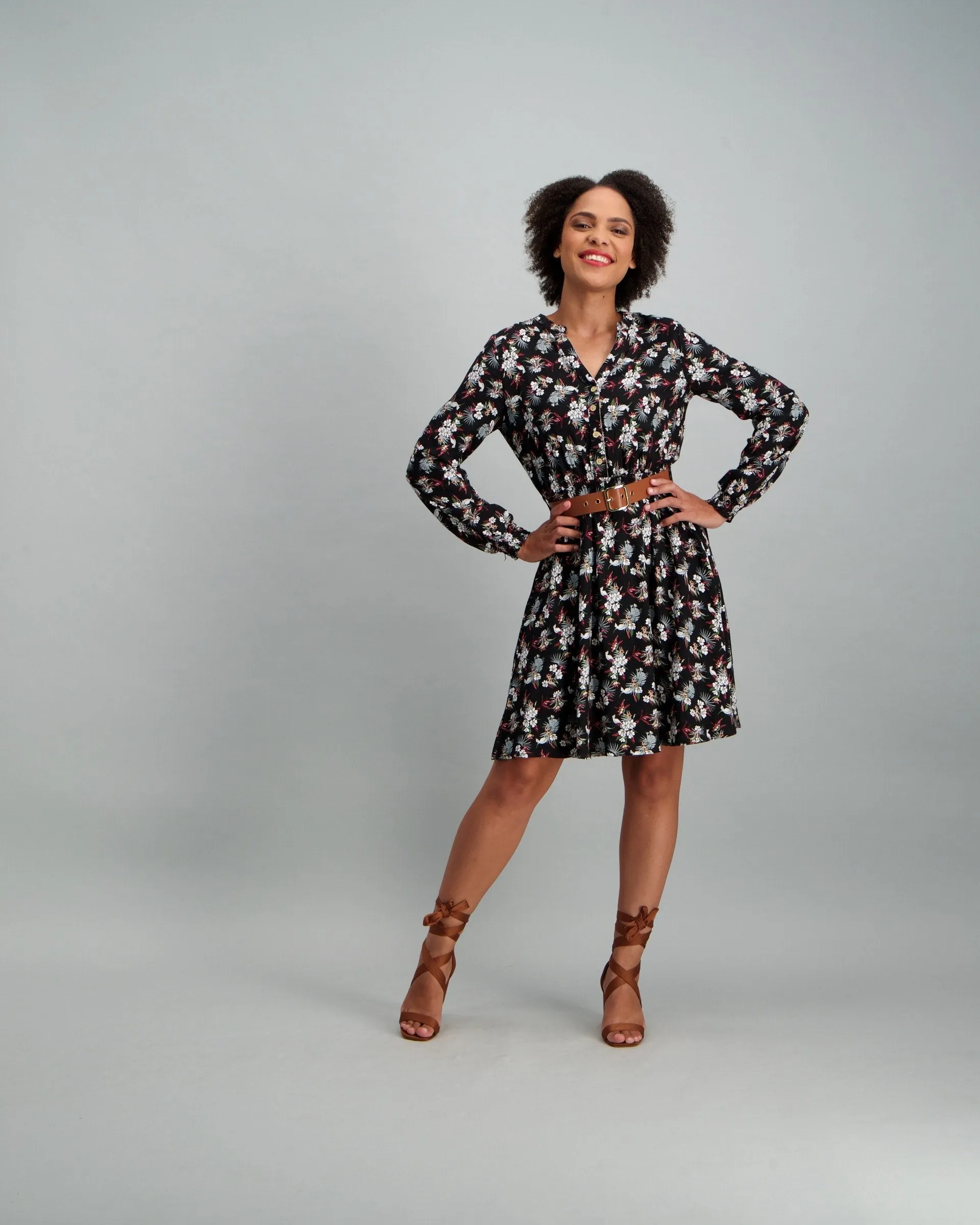 Ladies Floral Belted Dress - Black