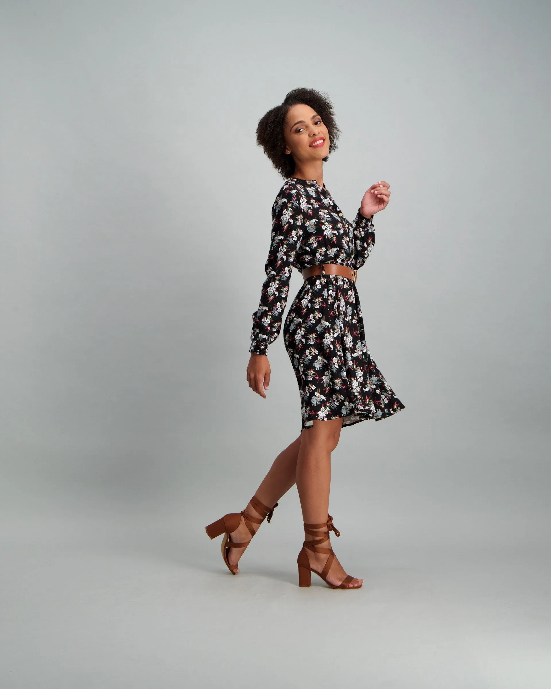 Ladies Floral Belted Dress - Black