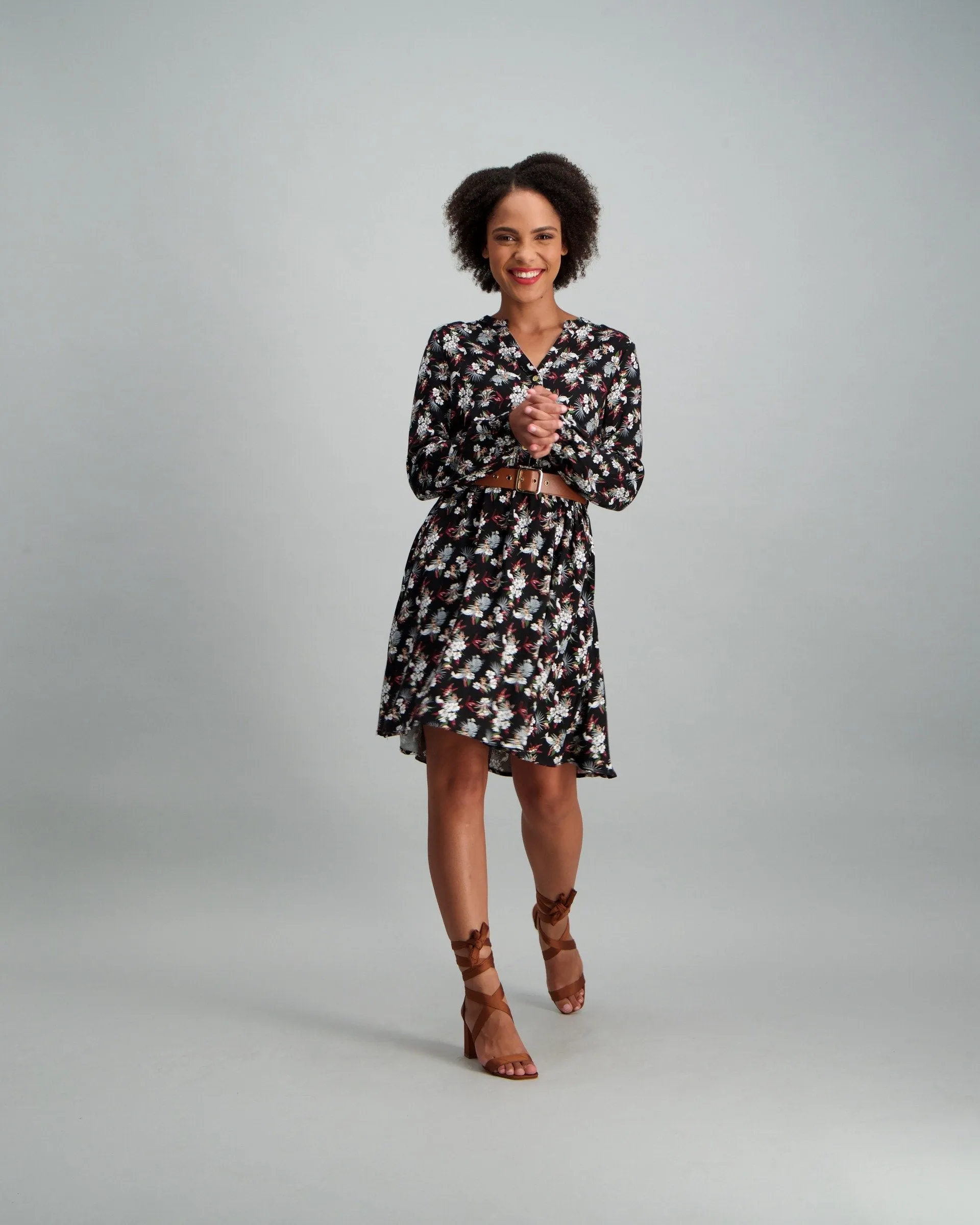 Ladies Floral Belted Dress - Black