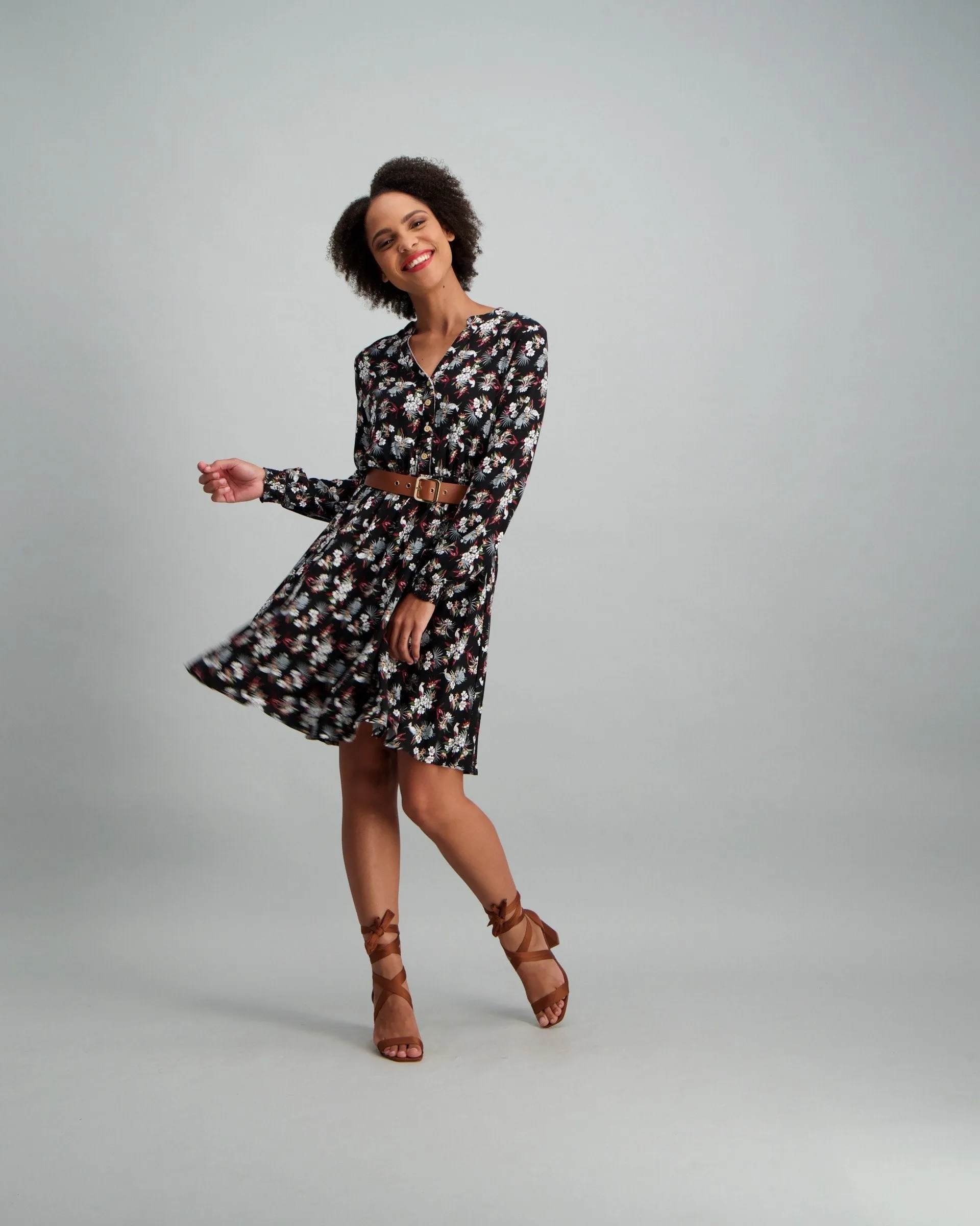 Ladies Floral Belted Dress - Black