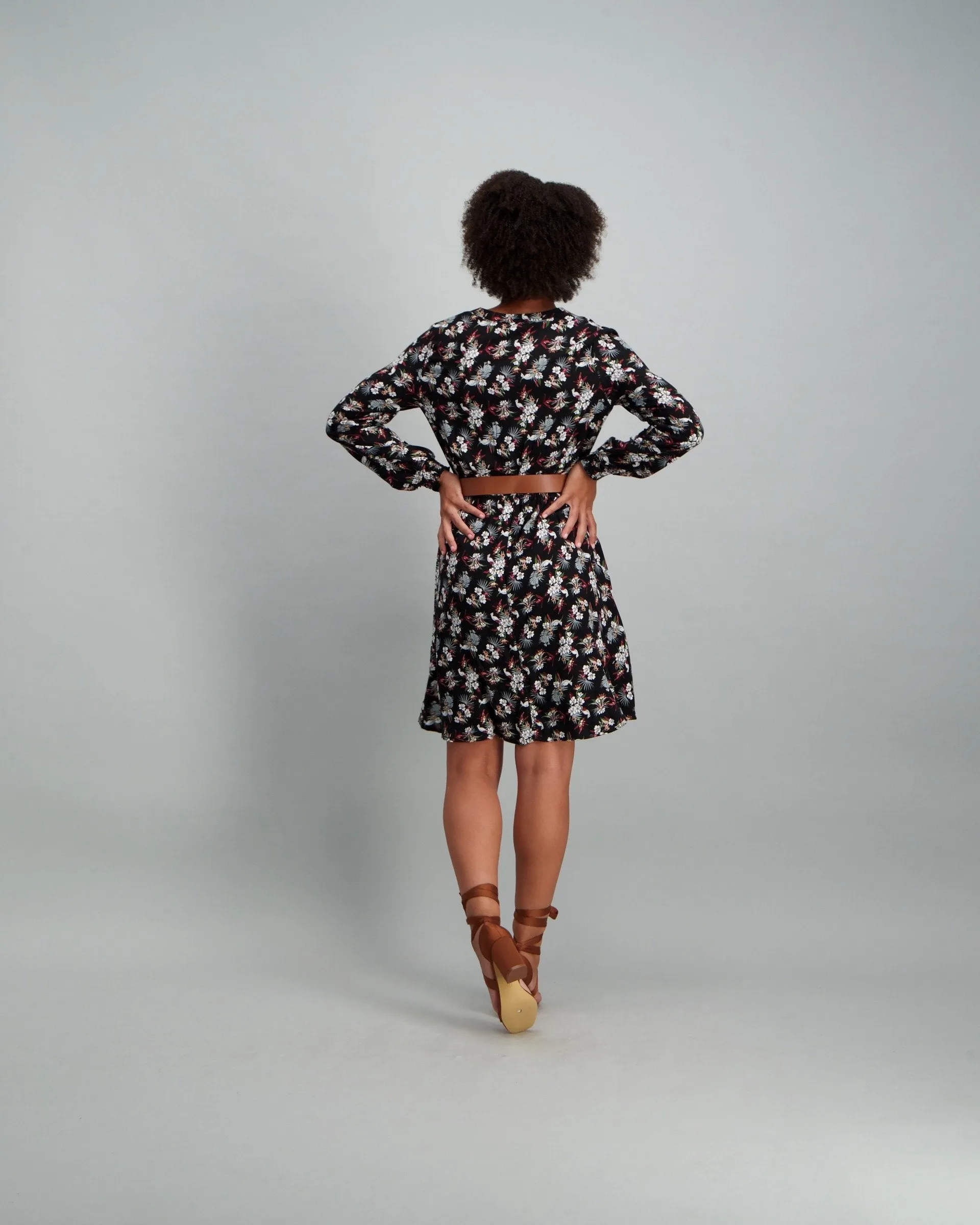 Ladies Floral Belted Dress - Black