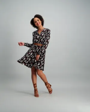 Ladies Floral Belted Dress - Black