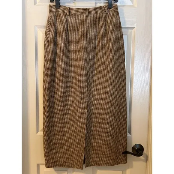 Lauren Ralph Lauren 100% Lambswool Houndstooth Midi Skirt 10P Brown, Academia