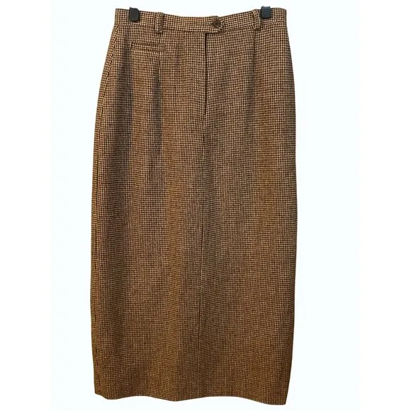 Lauren Ralph Lauren 100% Lambswool Houndstooth Midi Skirt 10P Brown, Academia