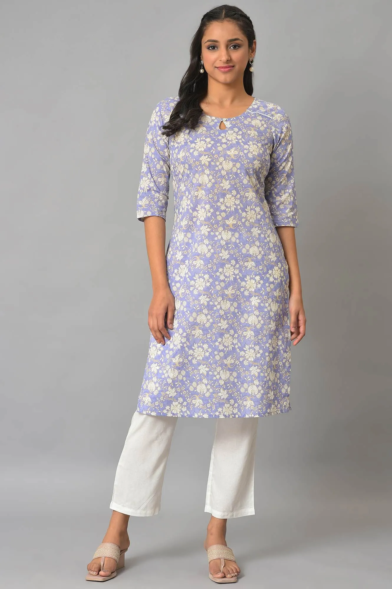 Lavender Floral Print kurta & Narrow Palazzo