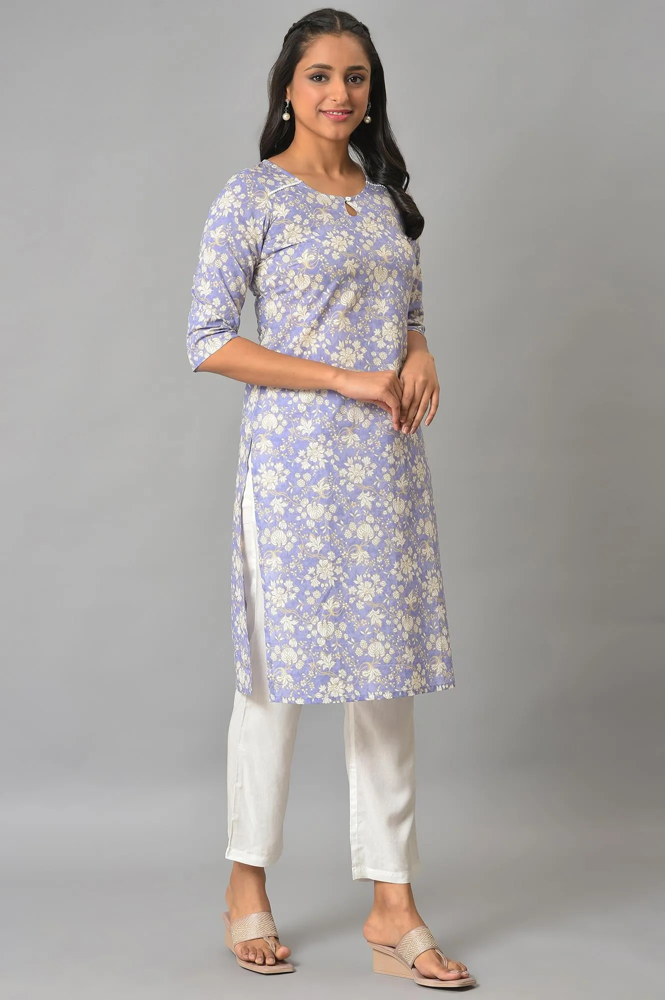 Lavender Floral Print kurta & Narrow Palazzo