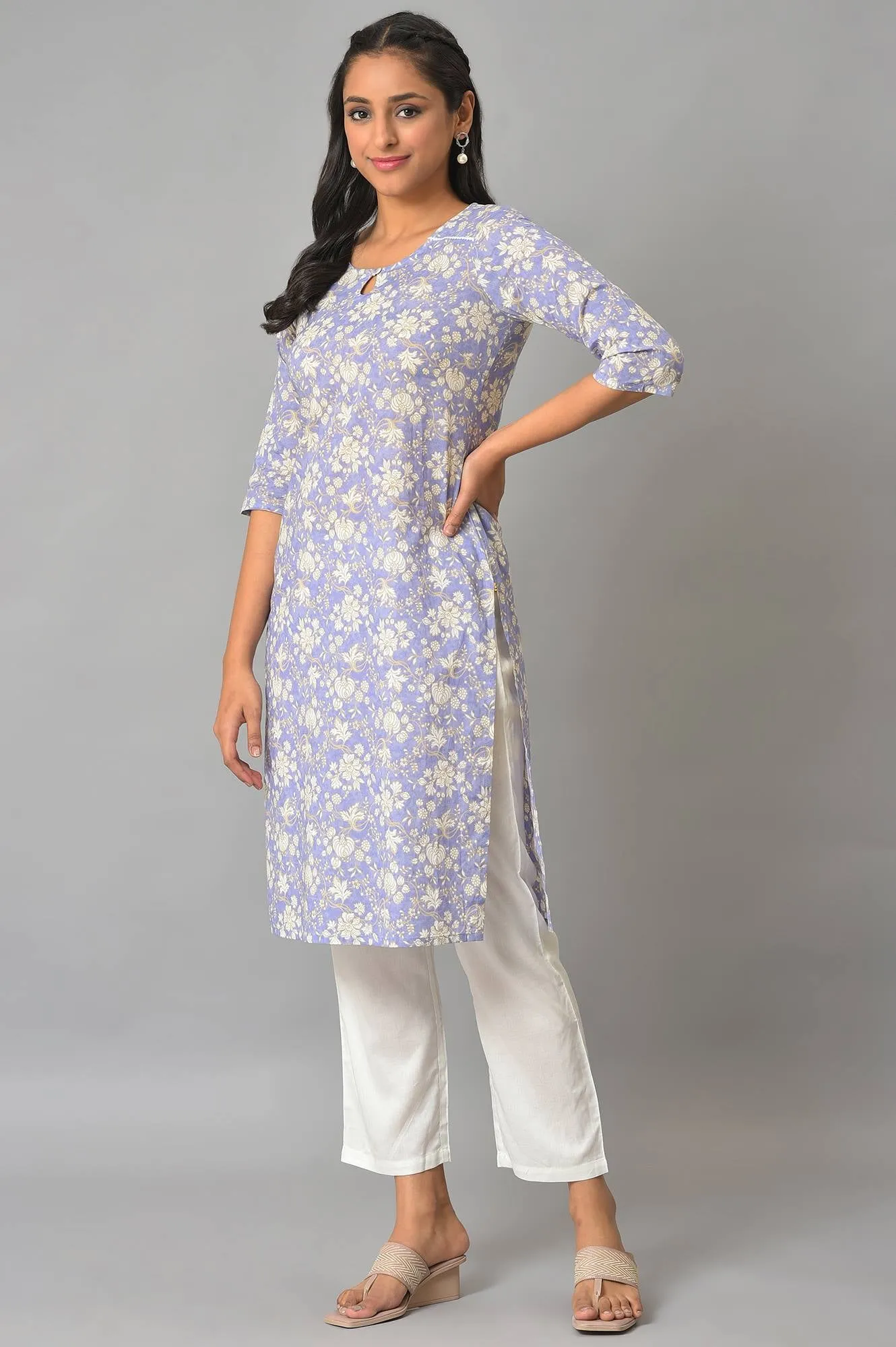 Lavender Floral Print kurta & Narrow Palazzo