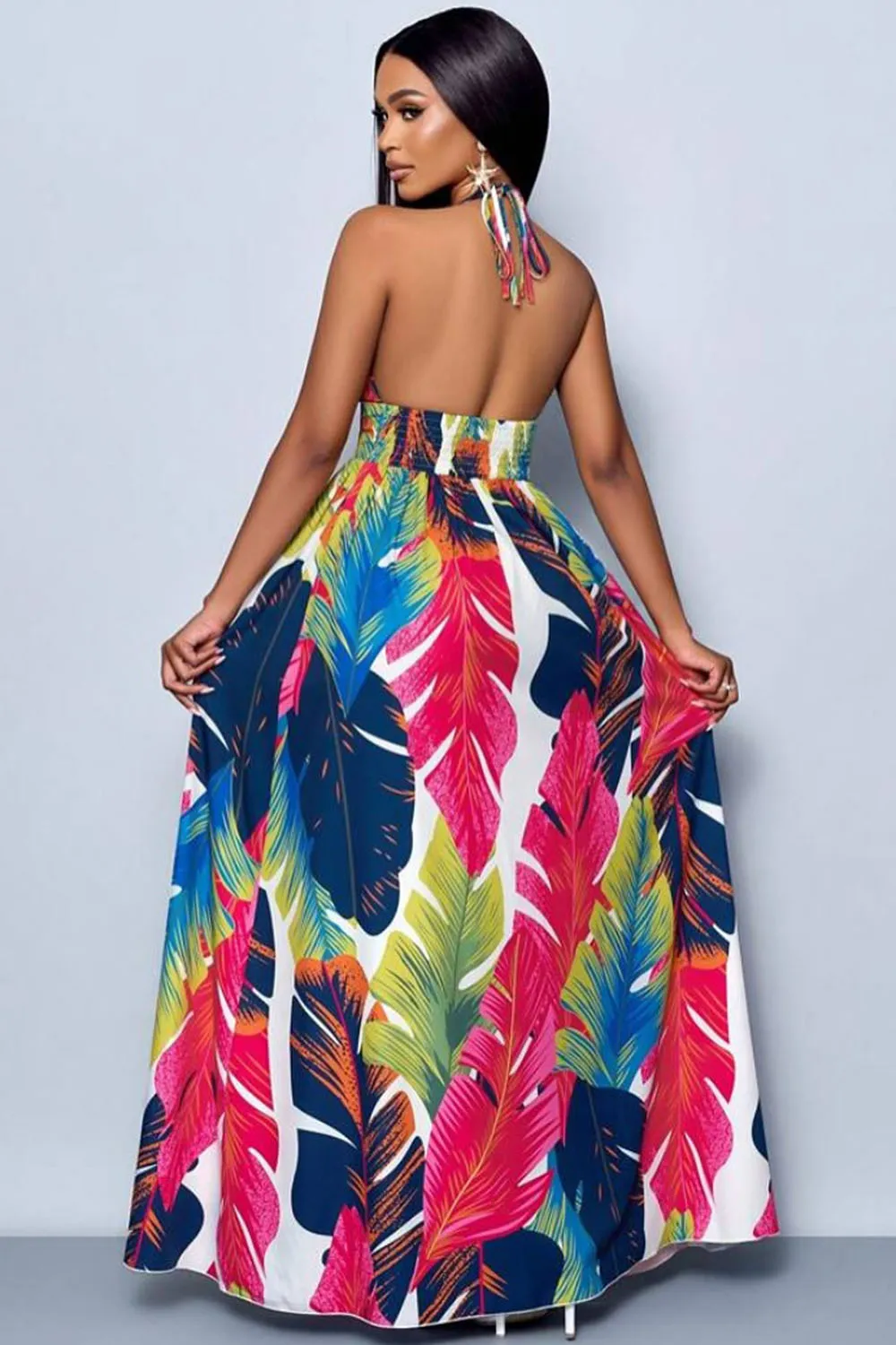 Leaf Print Halter V Neck Backless Vacay Maxi Dresses-Multicolor [Pre Order]