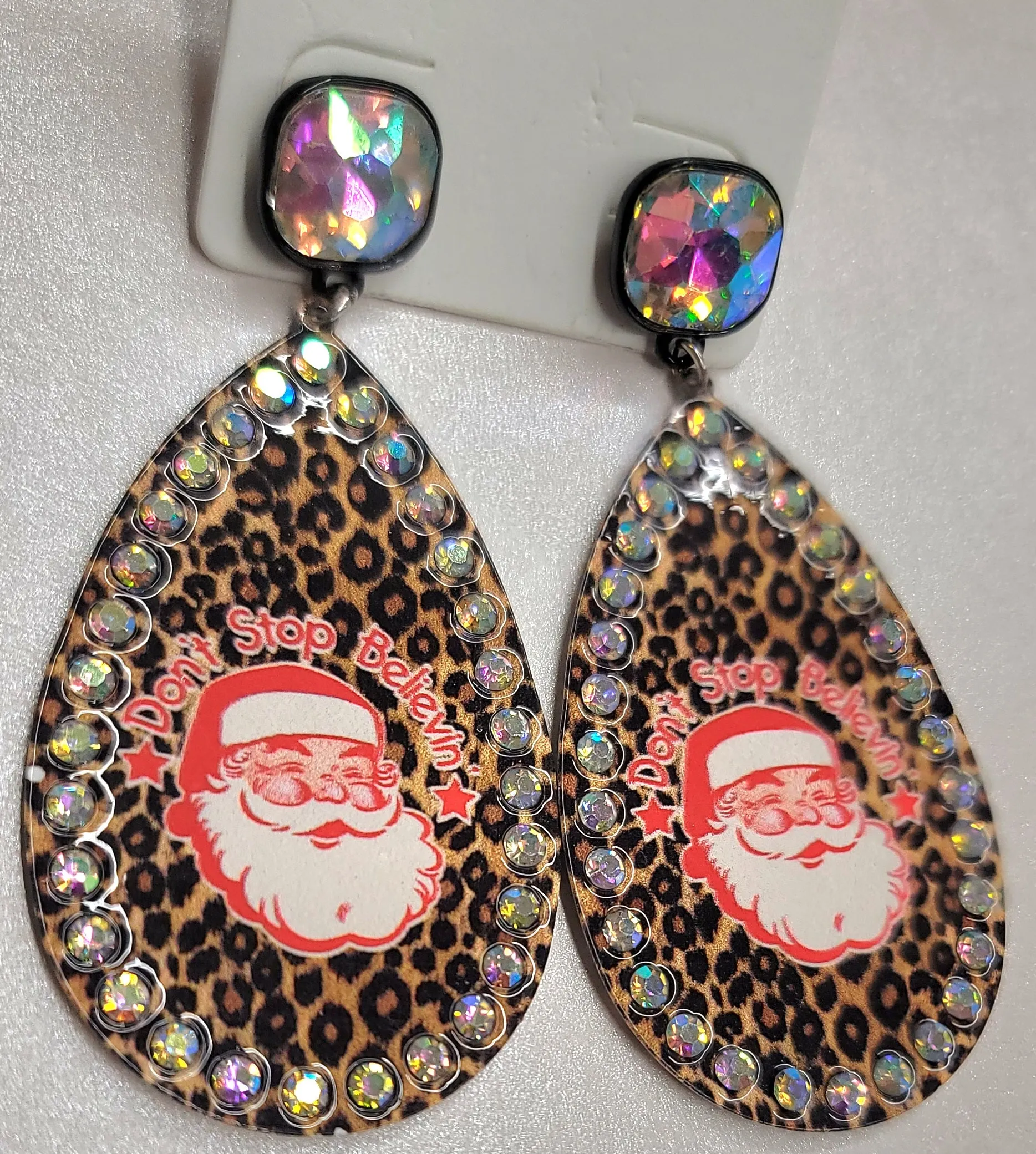 Leopard Teardrop "Never Stop Believing" Santa Errings