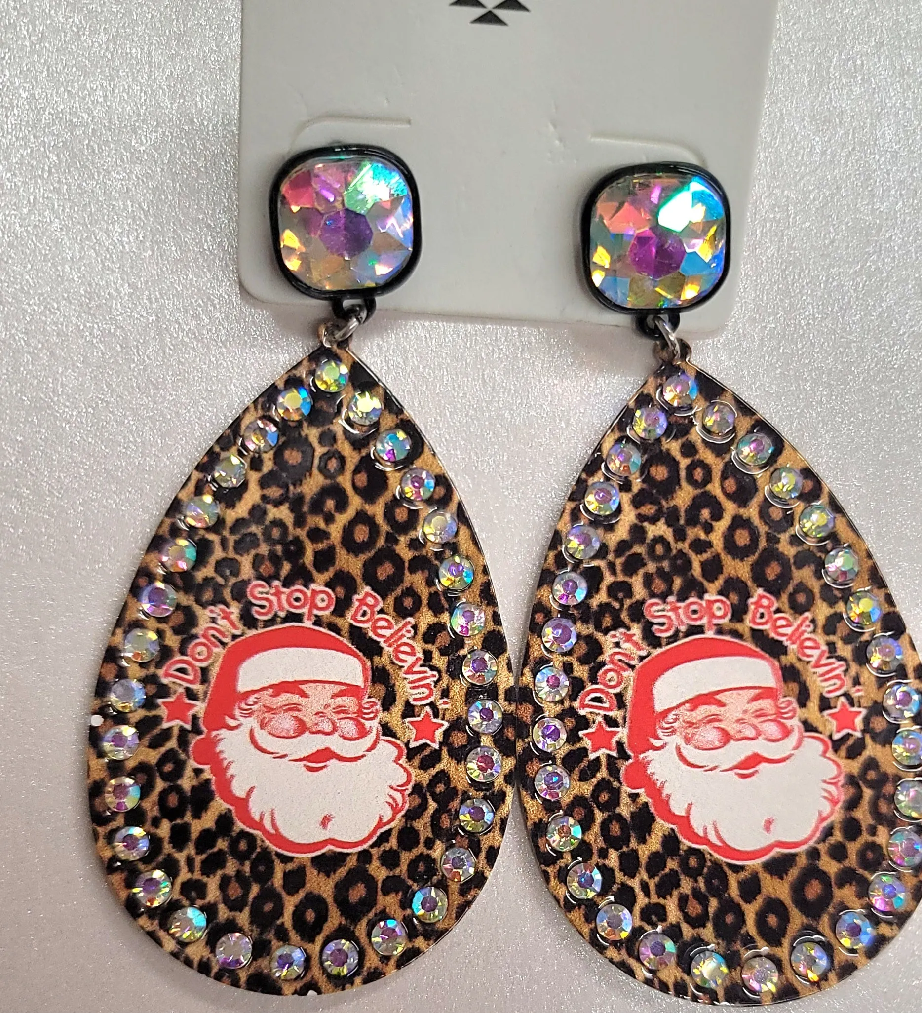 Leopard Teardrop "Never Stop Believing" Santa Errings