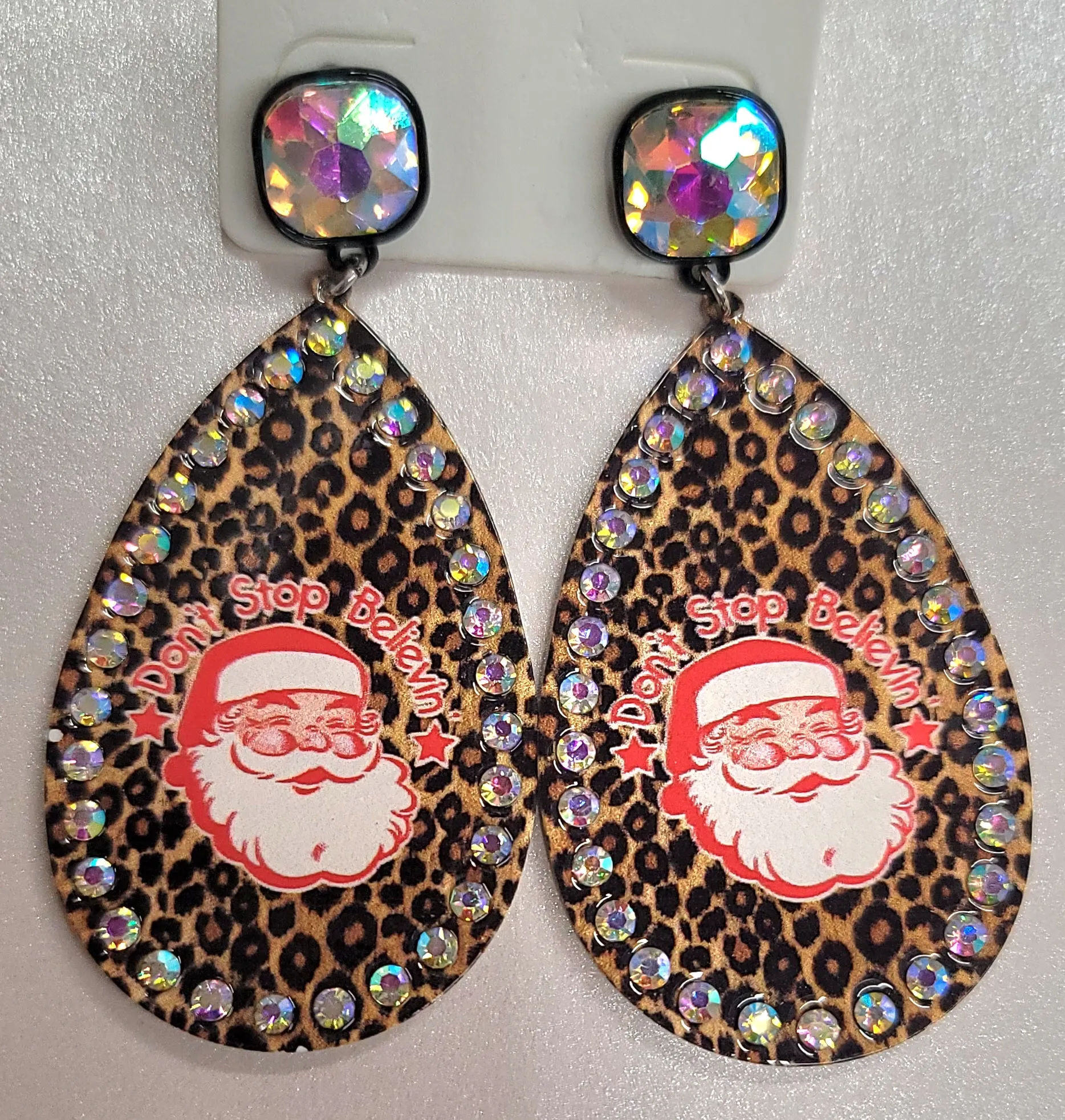 Leopard Teardrop "Never Stop Believing" Santa Errings