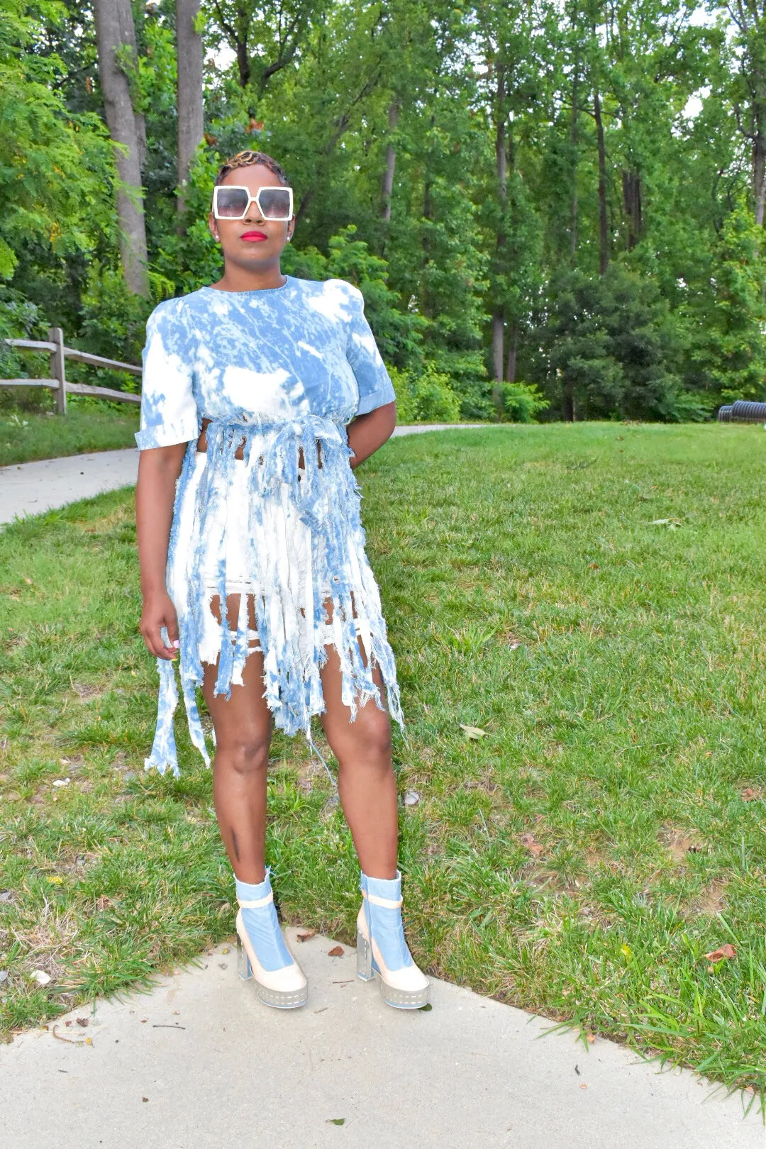 Light Denim POPPIN Fringe Jean Top