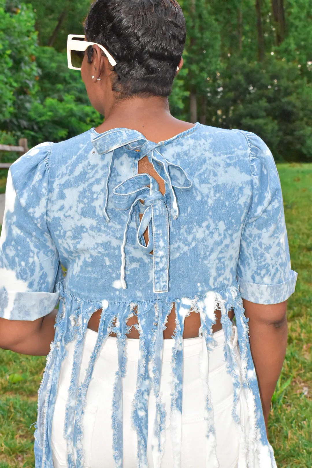 Light Denim POPPIN Fringe Jean Top