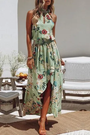 Llana - Green round neck dress with floral print.