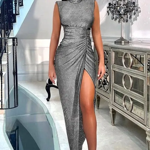 Long Sleeve High Slit Ruched Party Dress