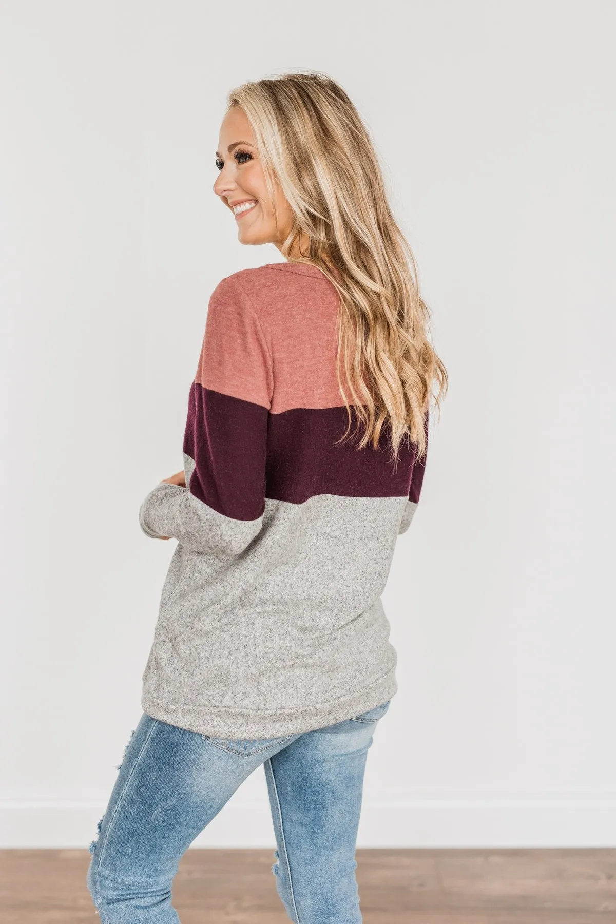 Lookin' Cute In A Color Block Top- Light Brick, Plum & Grey