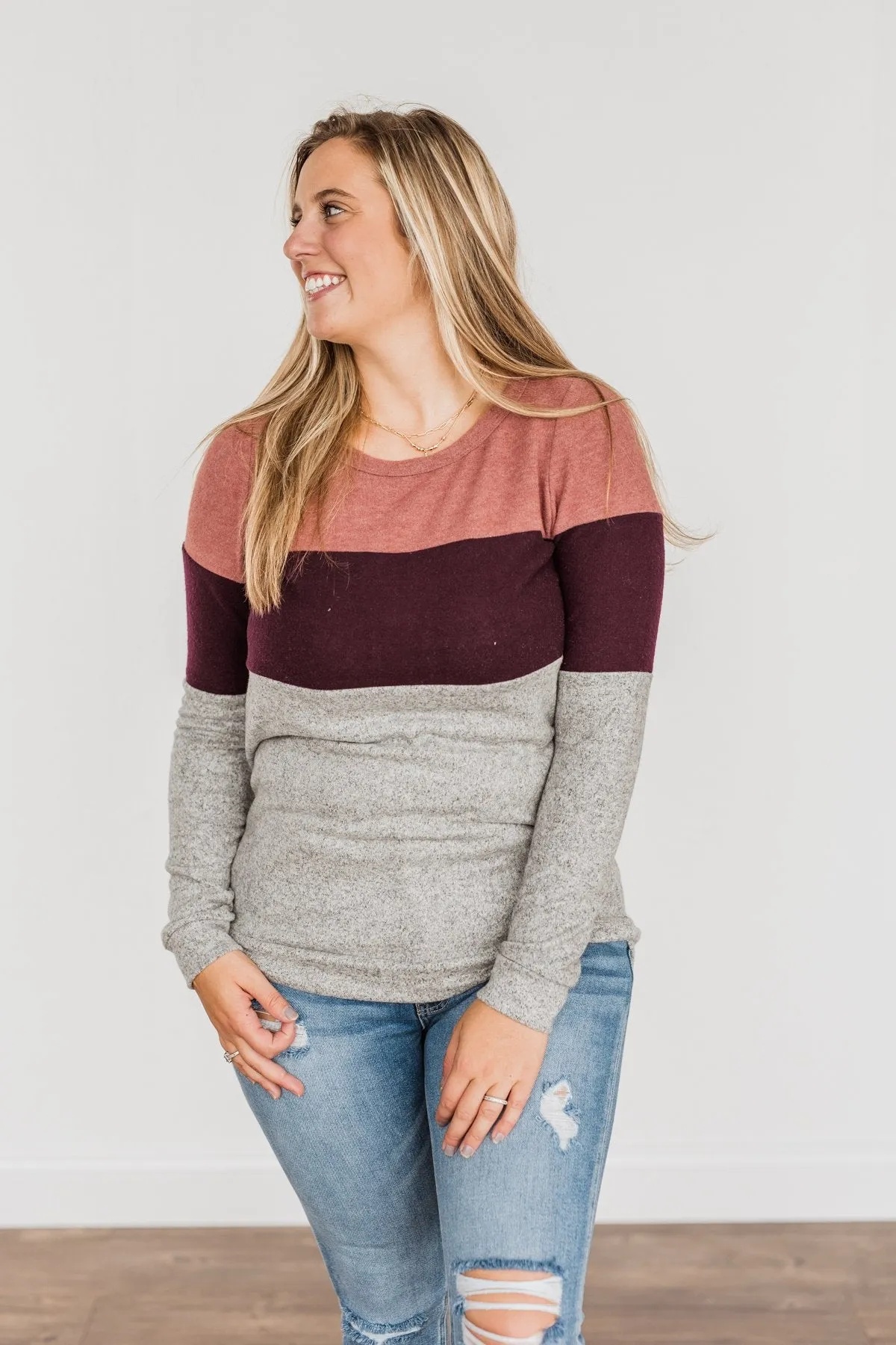 Lookin' Cute In A Color Block Top- Light Brick, Plum & Grey