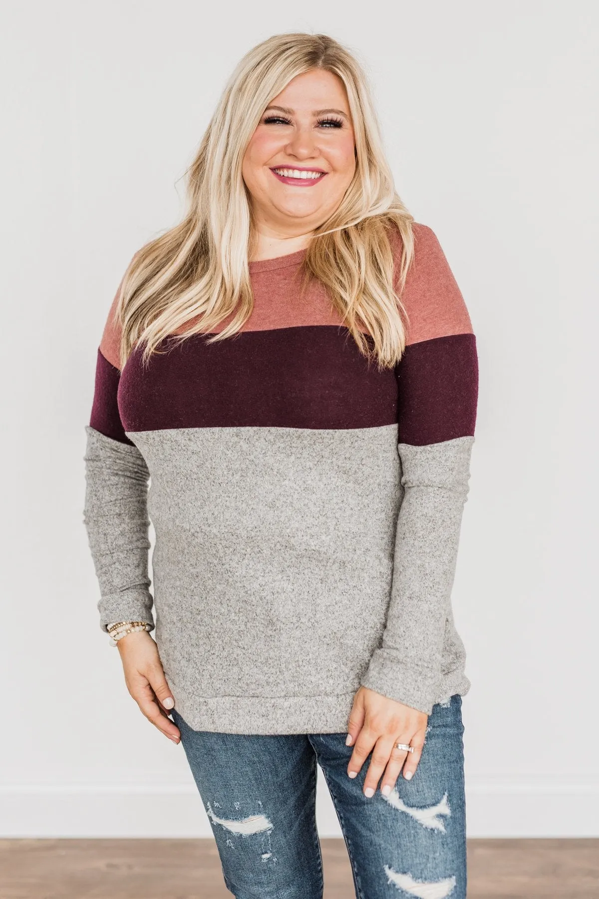 Lookin' Cute In A Color Block Top- Light Brick, Plum & Grey