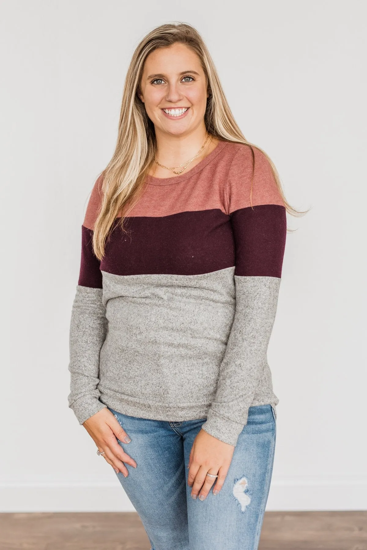Lookin' Cute In A Color Block Top- Light Brick, Plum & Grey