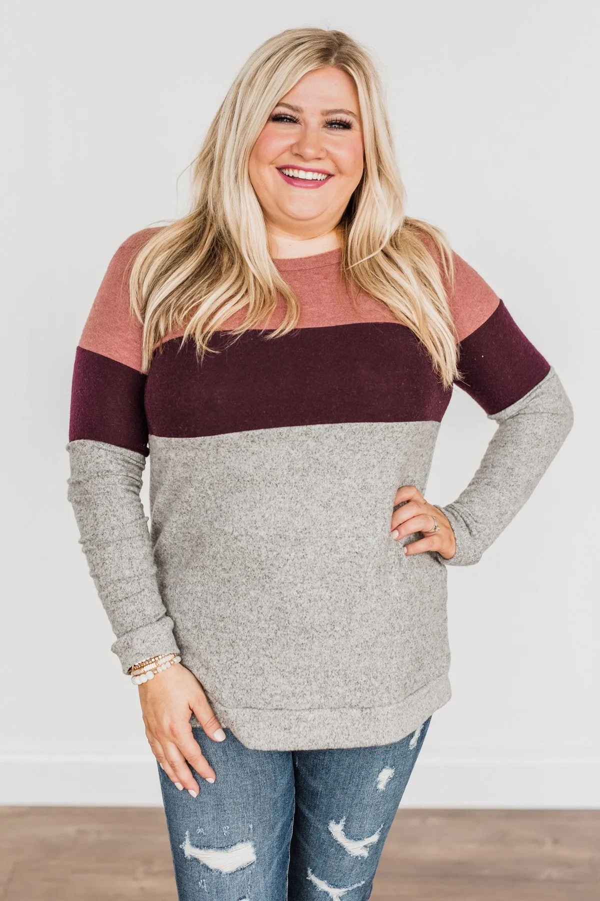 Lookin' Cute In A Color Block Top- Light Brick, Plum & Grey