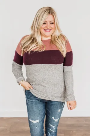 Lookin' Cute In A Color Block Top- Light Brick, Plum & Grey