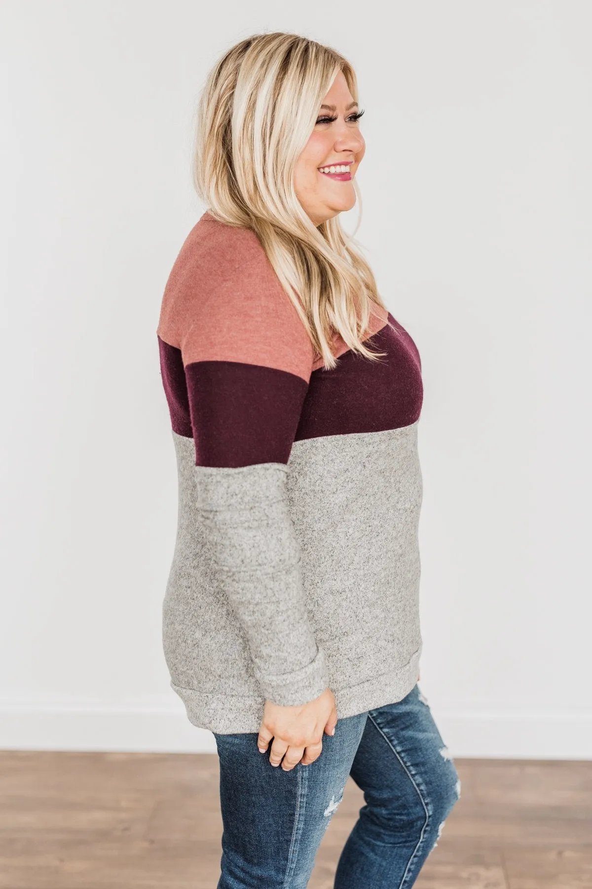 Lookin' Cute In A Color Block Top- Light Brick, Plum & Grey