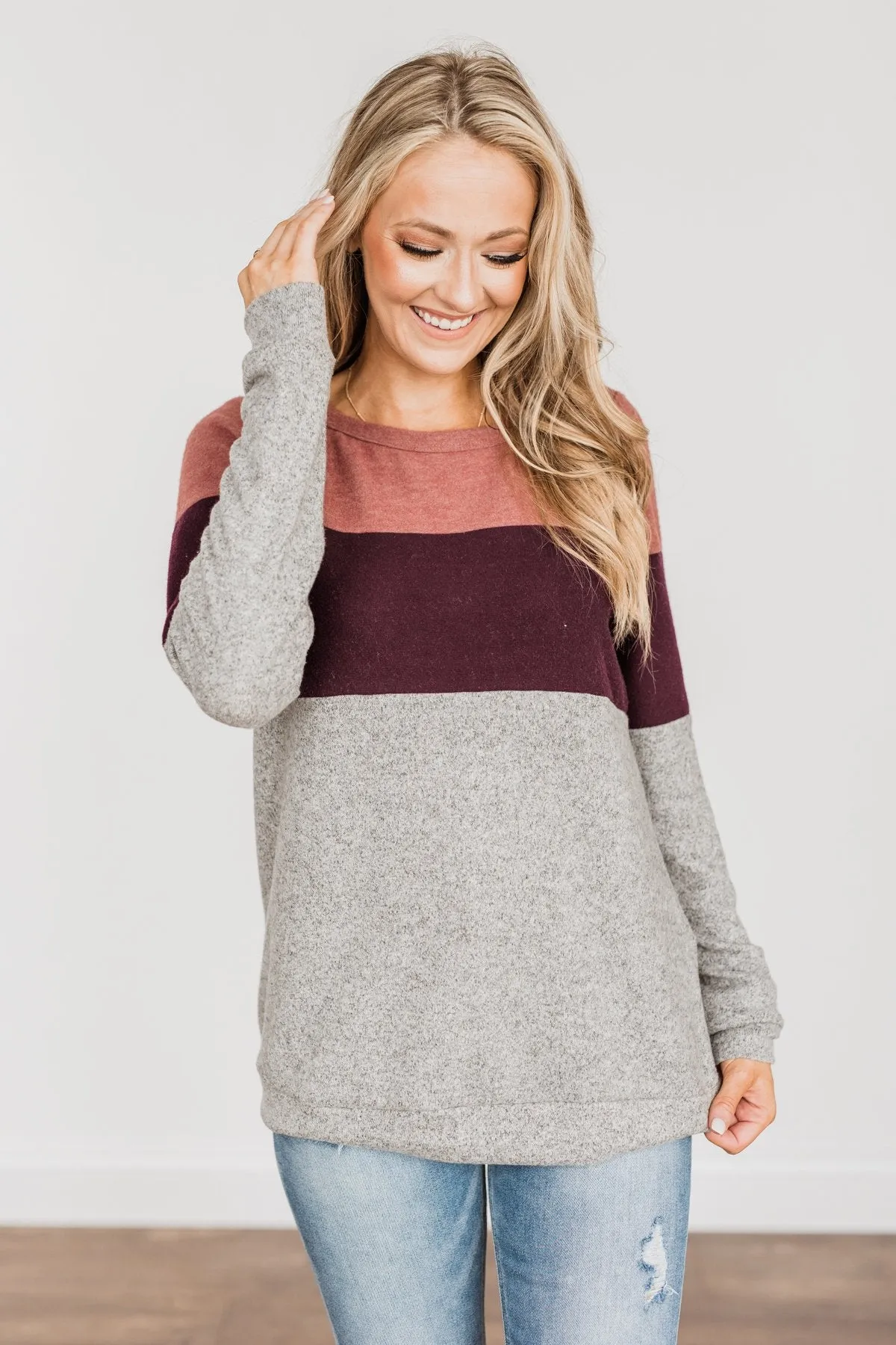 Lookin' Cute In A Color Block Top- Light Brick, Plum & Grey