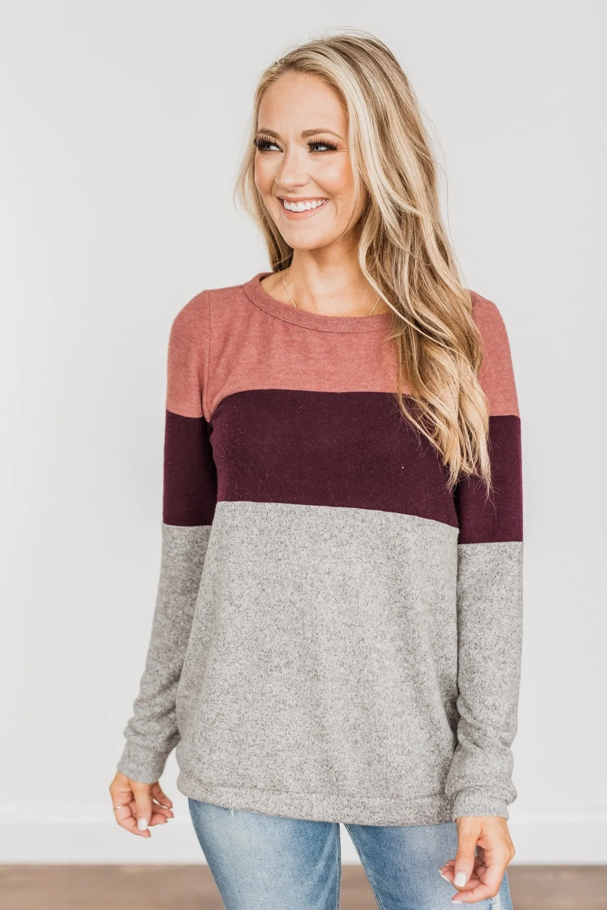 Lookin' Cute In A Color Block Top- Light Brick, Plum & Grey
