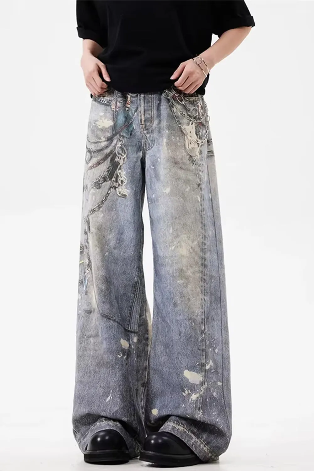 Loose 3D Chain Realistic Printed Jeans Pants