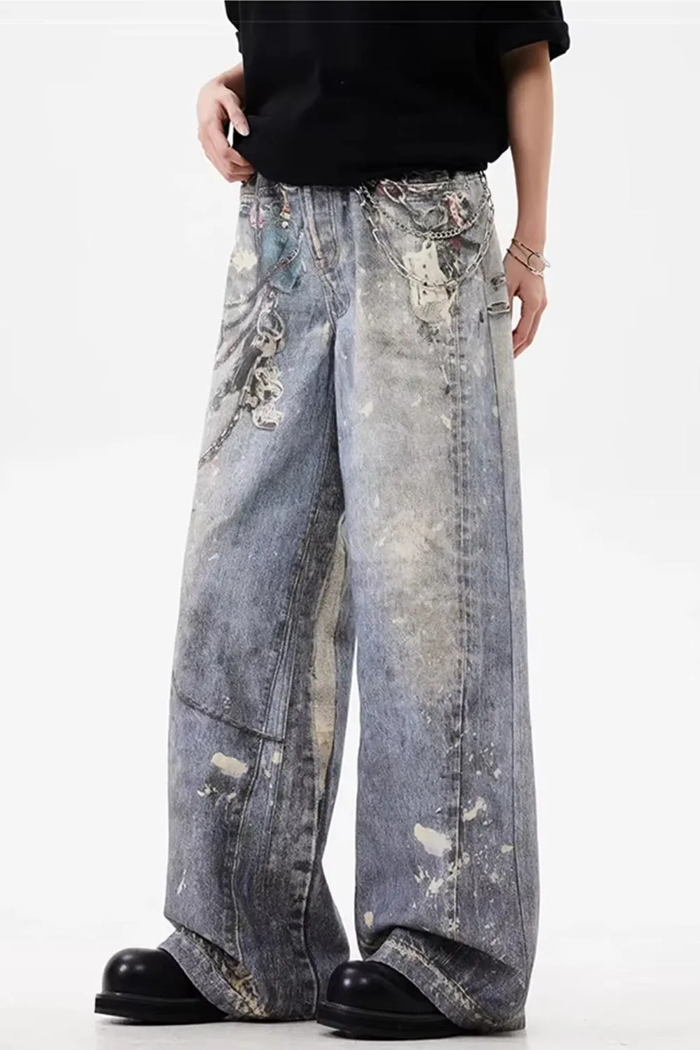 Loose 3D Chain Realistic Printed Jeans Pants