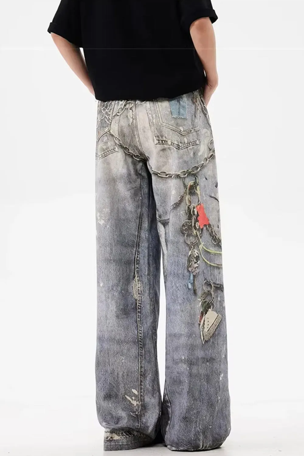 Loose 3D Chain Realistic Printed Jeans Pants